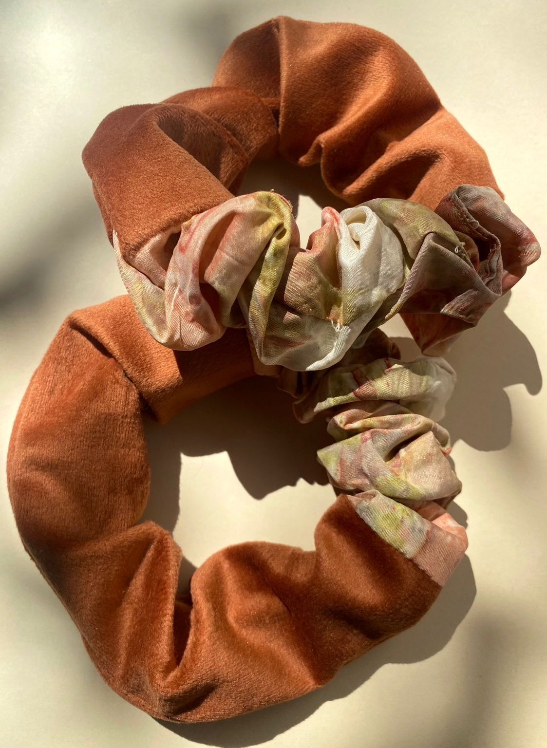 Madder root-dyed silk and velvet scrunchie